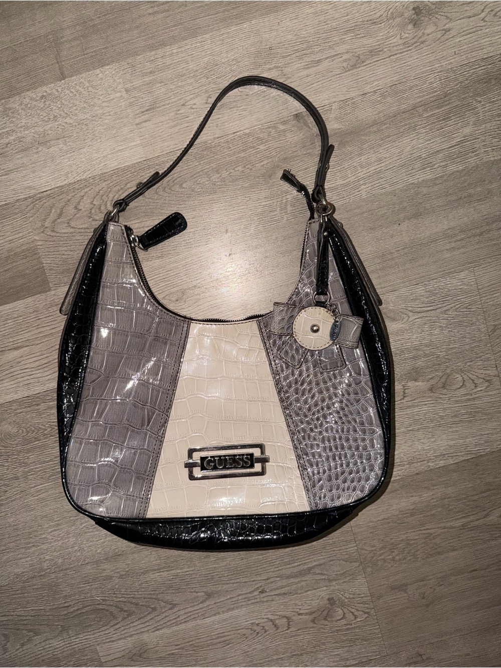 GUESS Croc-Embossed Colorblock Shoulder Bag in Black, Gray & Cream